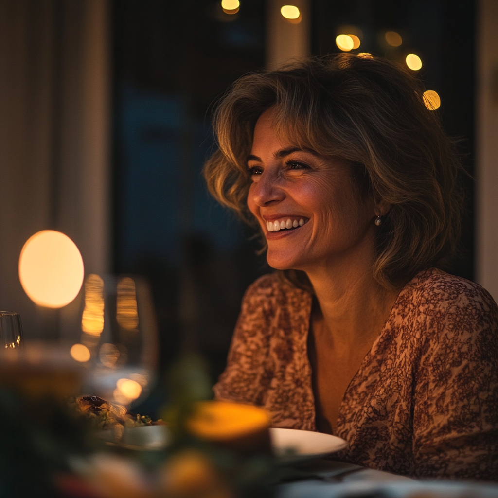 Une femme qui sourit à la table du dîner | Source : Midjourney