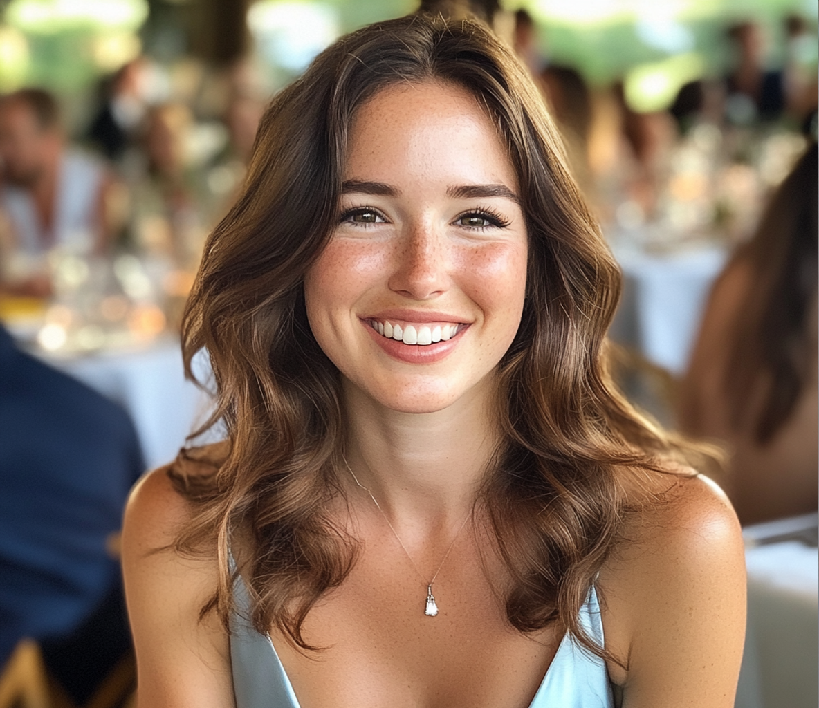 Une femme souriante assise à un mariage | Source : Midjourney
