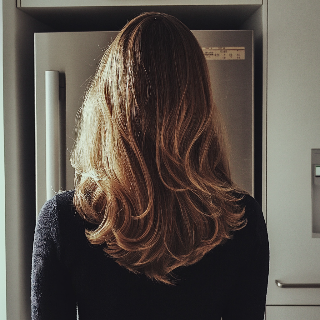 A woman standing in front of a refrigerator | Source: Midjourney