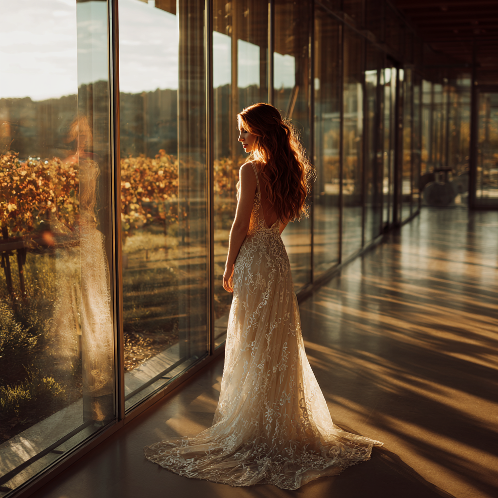 Une mariée regardant un vignoble | Source : Midjourney