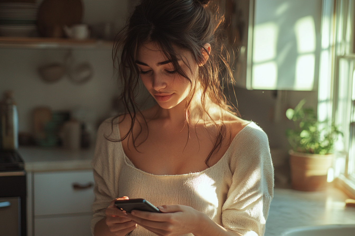 Woman standing in her kitchen while texting on her phone | Source: Midjourney