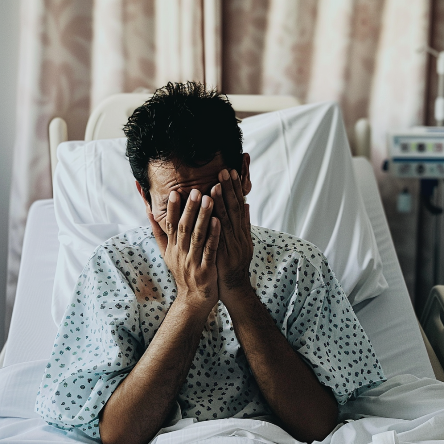 Un homme déprimé se couvrant le visage avec ses mains alors qu'il est allongé sur un lit d'hôpital | Source : Midjourney