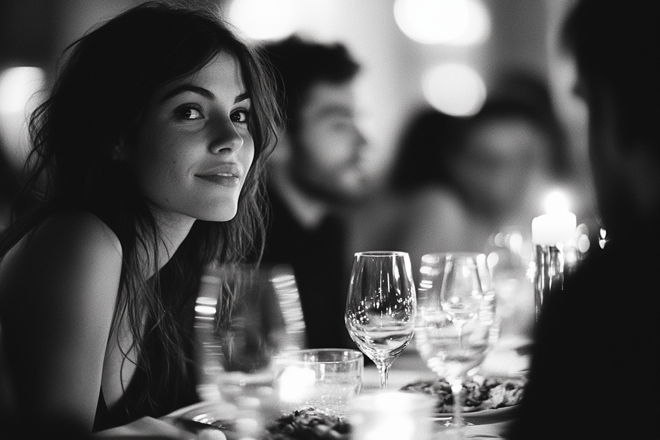 A woman with a slightly surprised expression sitting at a dinner table | Source: Midjourney