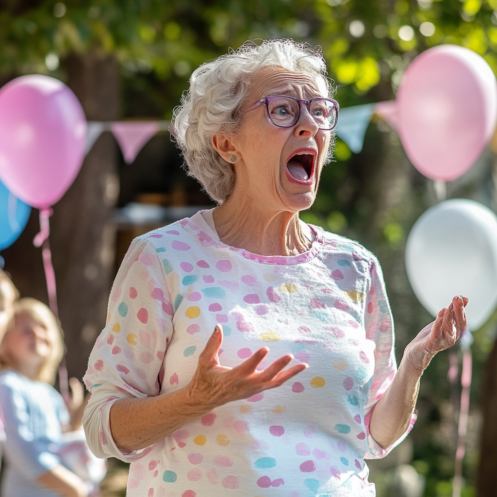 Femme âgée s'exprimant avec colère lors d'une fête en plein air | Source : Midjourney