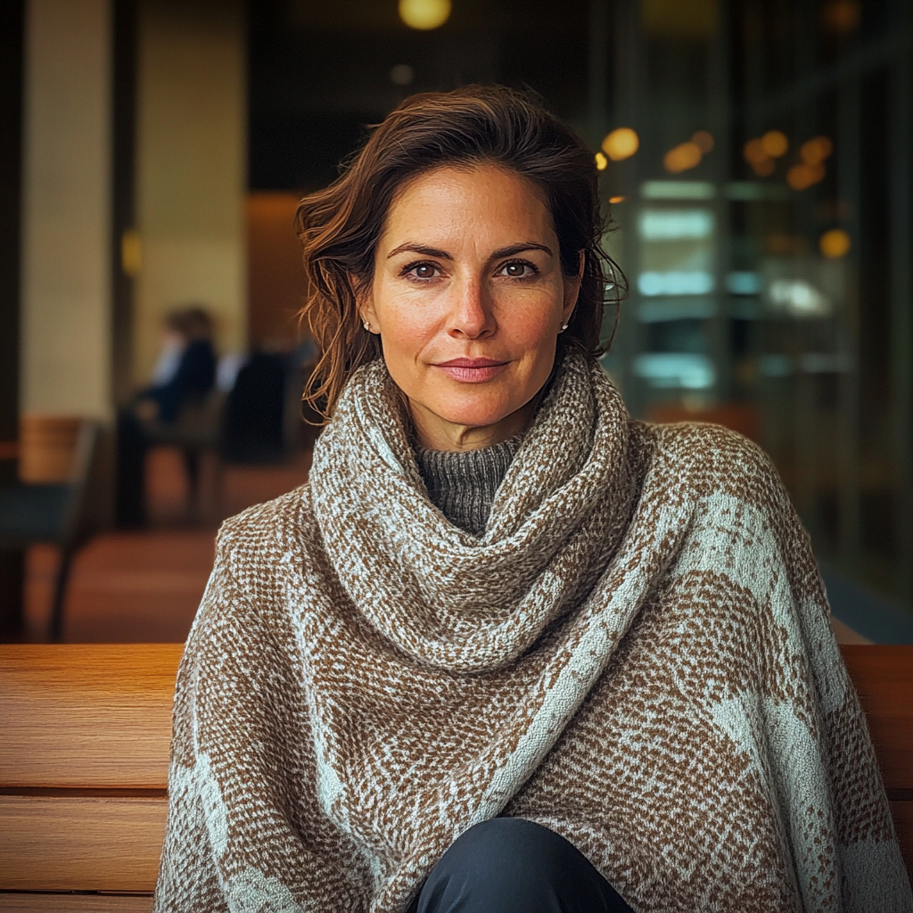 Une femme assise dans une banque | Source : Midjourney