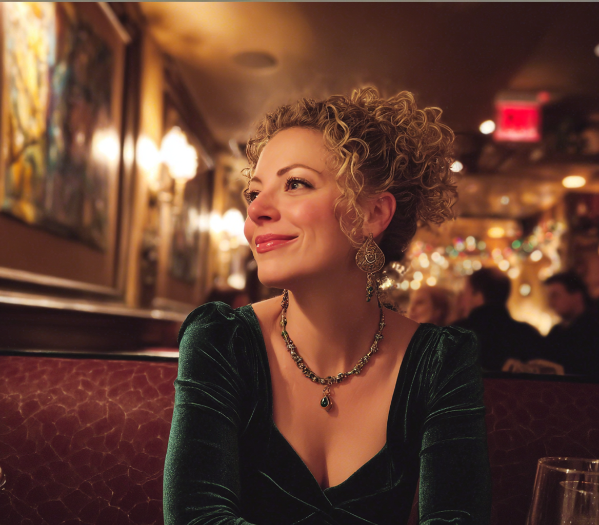 Une femme souriante assise dans un restaurant | Source : Midjourney