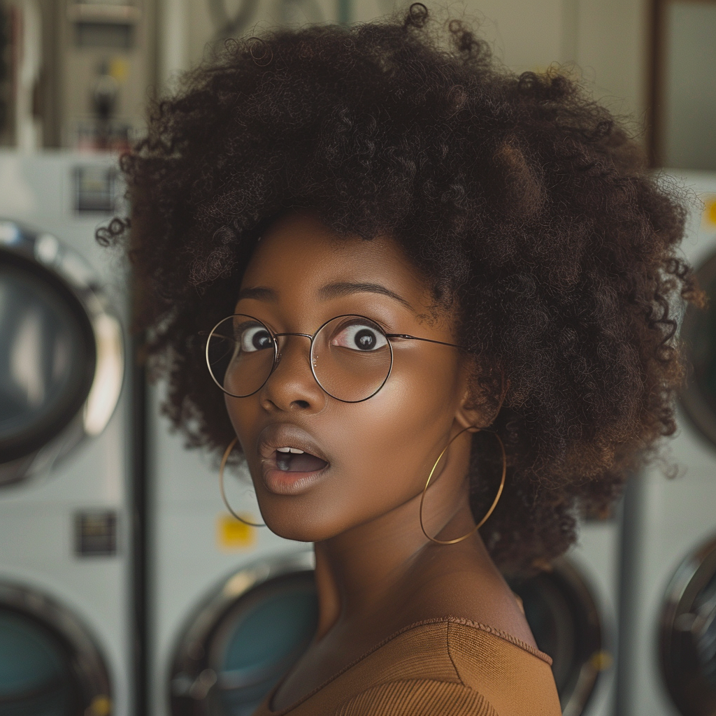 Femme effrayée dans une laverie automatique | Source : Midjourney