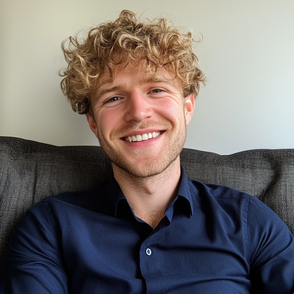Un homme souriant assis sur un canapé | Source : Midjourney