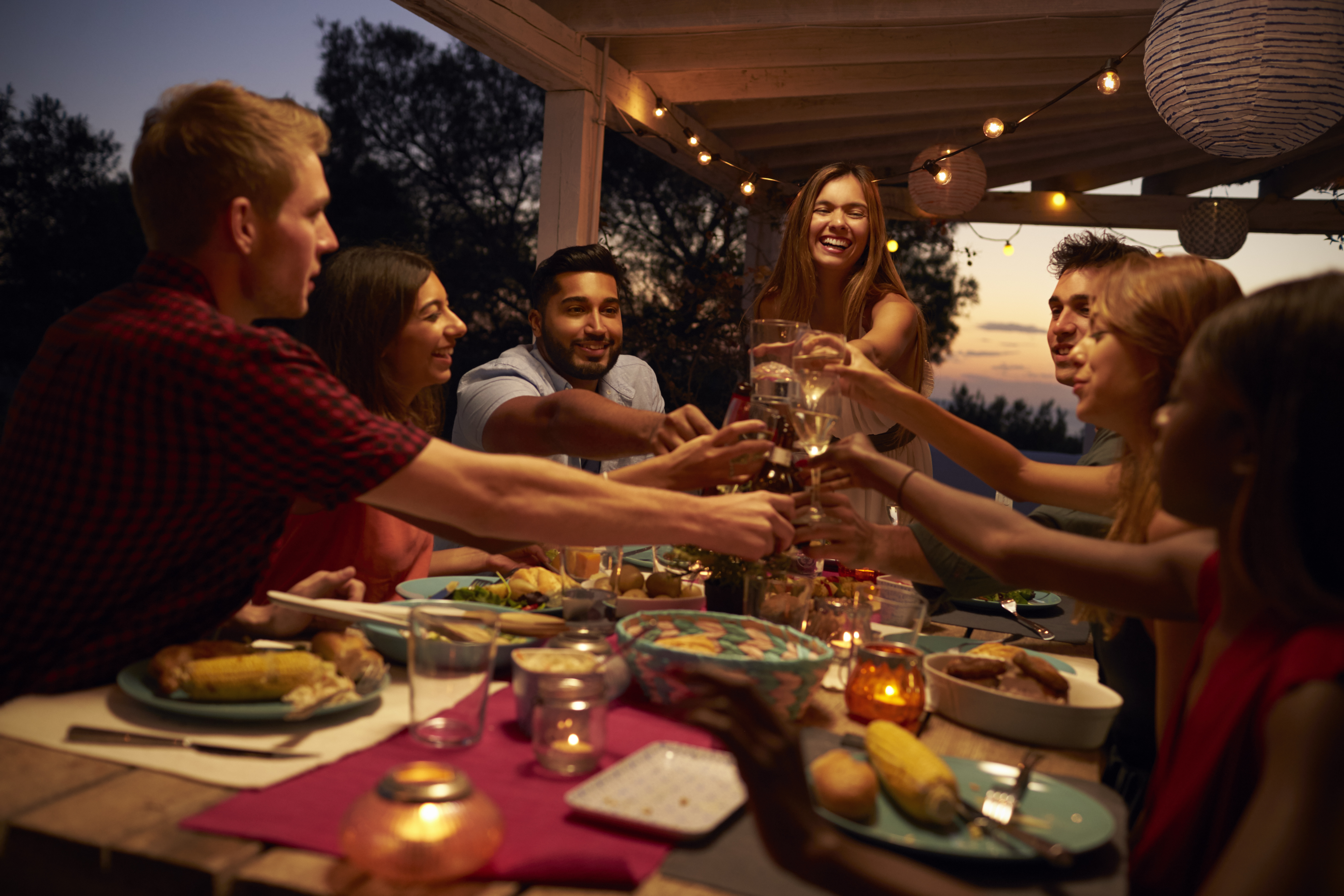Un groupe d'amis est photographié en train de porter des toasts lors d'une fête | Source : Shutterstock