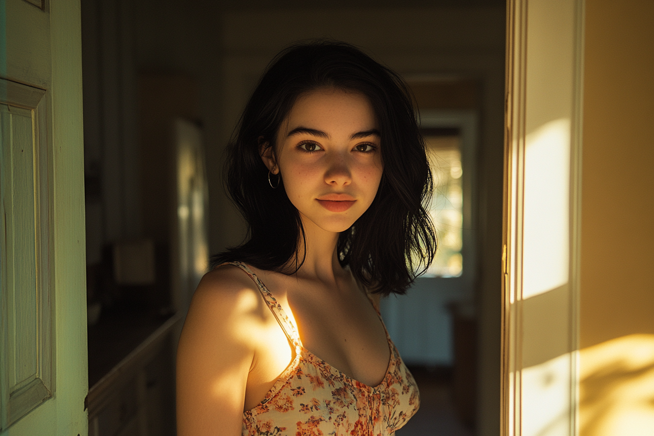 Femme de 18 ans souriant dans l'embrasure d'une maison | Source : Midjourney