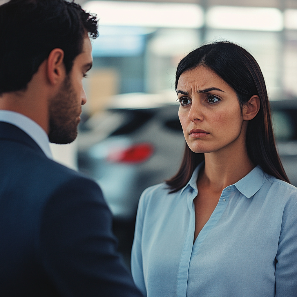 La confusion d'Emily devient plus évidente lorsque l'agent lui explique pourquoi elle ne peut pas acheter une voiture | Source : Midjourney