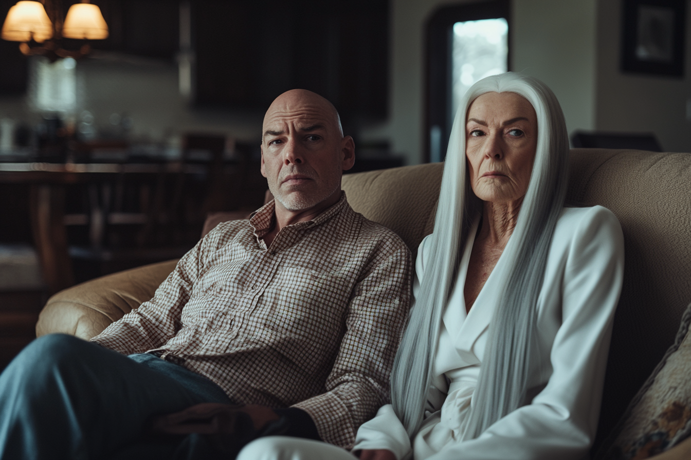 A man and his mother sitting on a sofa look up with upset expressions | Source: Midjourney