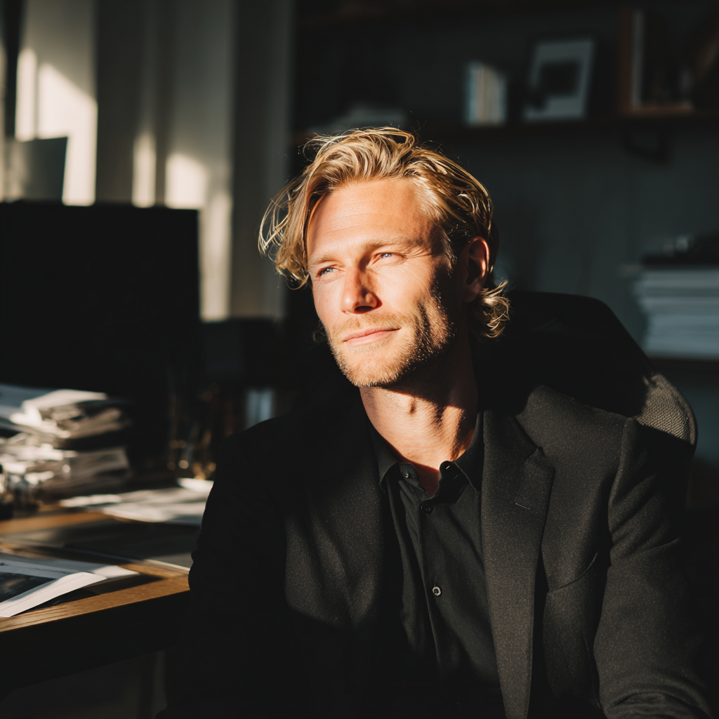 Un homme souriant assis à son bureau | Source : Midjourney