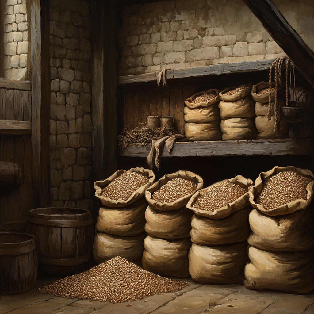 Du grain dans des sacs dans une salle de stockage | Source : Midjourney