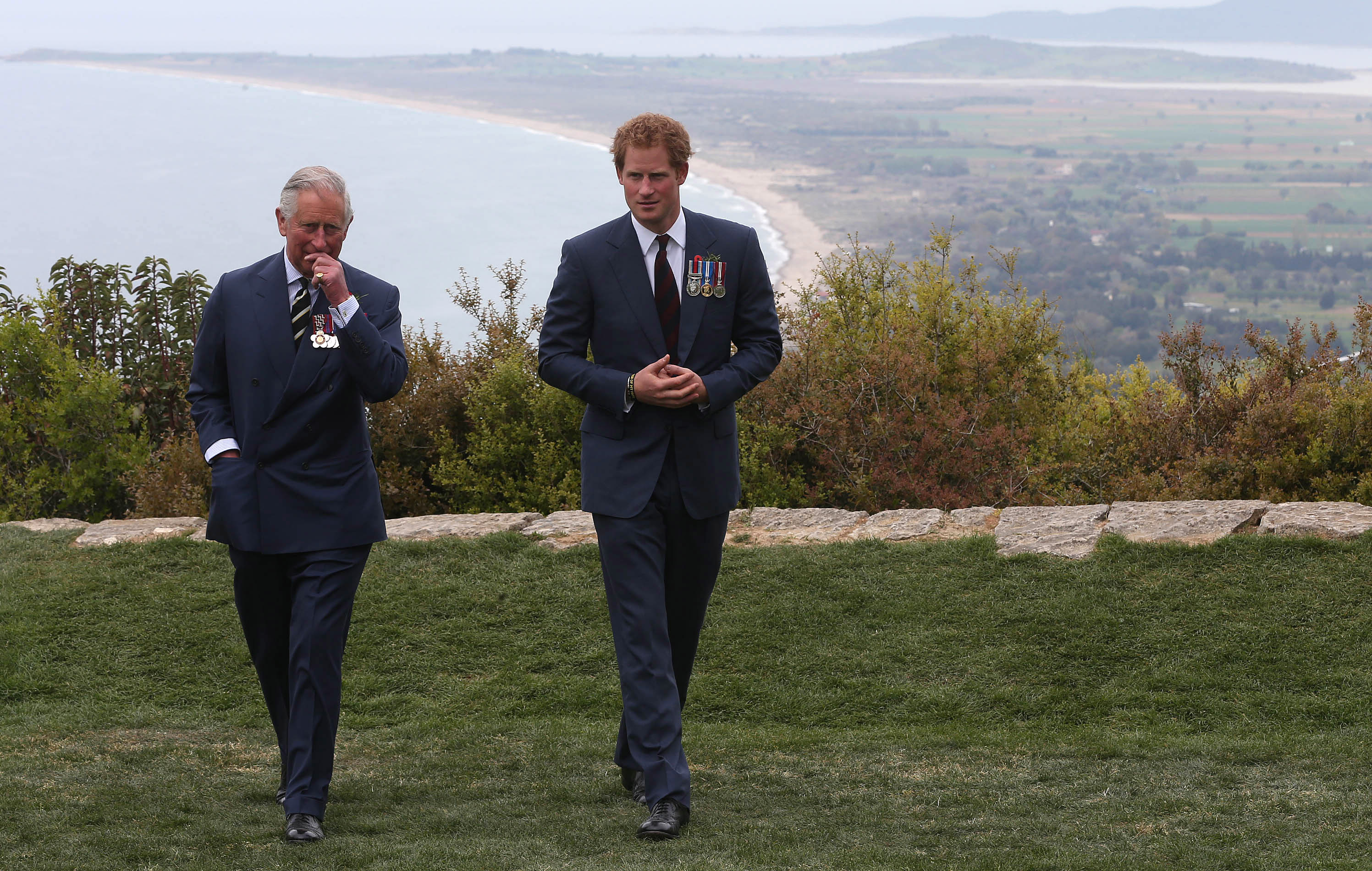 Le roi Charles III et le prince Harry discutent lors de l'événement du 100e anniversaire de la bataille de Gallipoli à Gallipoli, en Turquie, le 25 avril 2015 | Source : Getty Images