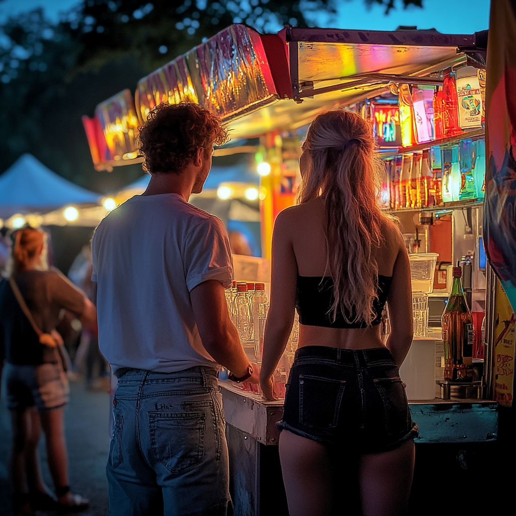 Un couple debout à un stand de boissons | Source : Midjourney