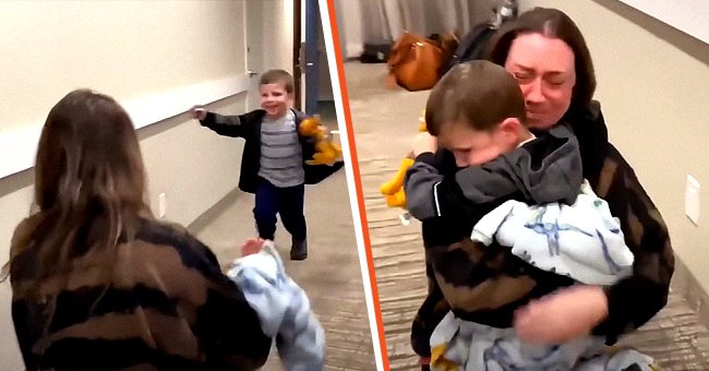 [À gauche] Le petit Noah court vers sa mère dans le couloir. [À droite : le duo mère-fils pleure en se serrant l'un contre l'autre. | Photo : YouTube.com/Inside Edition