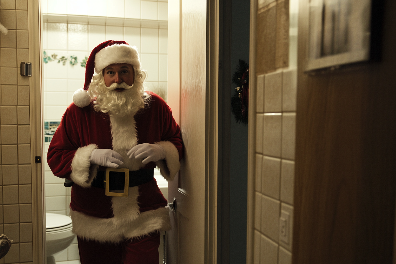 Un homme déguisé en père Noël qui sort de la salle de bain | Source : Midjourney