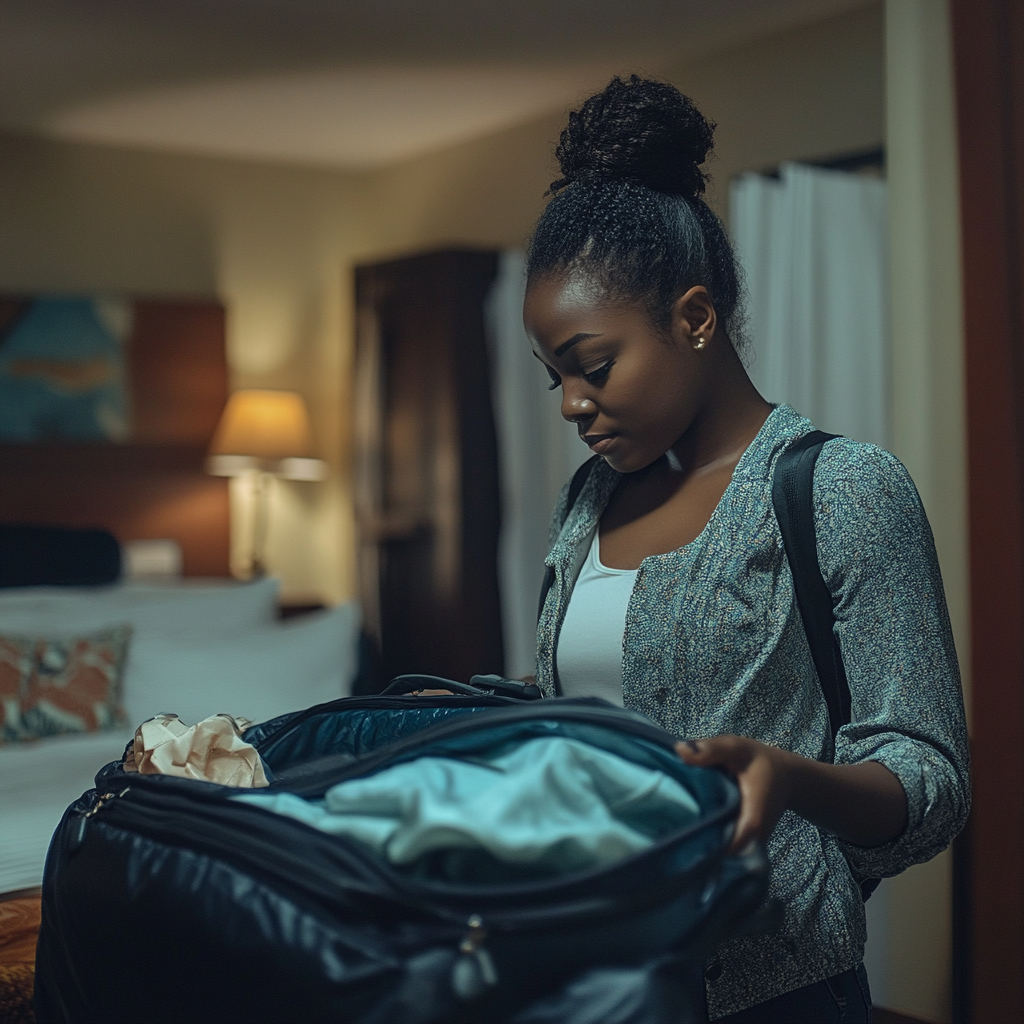 A woman packs her suitcase in a hotel room | Source: Midjourney