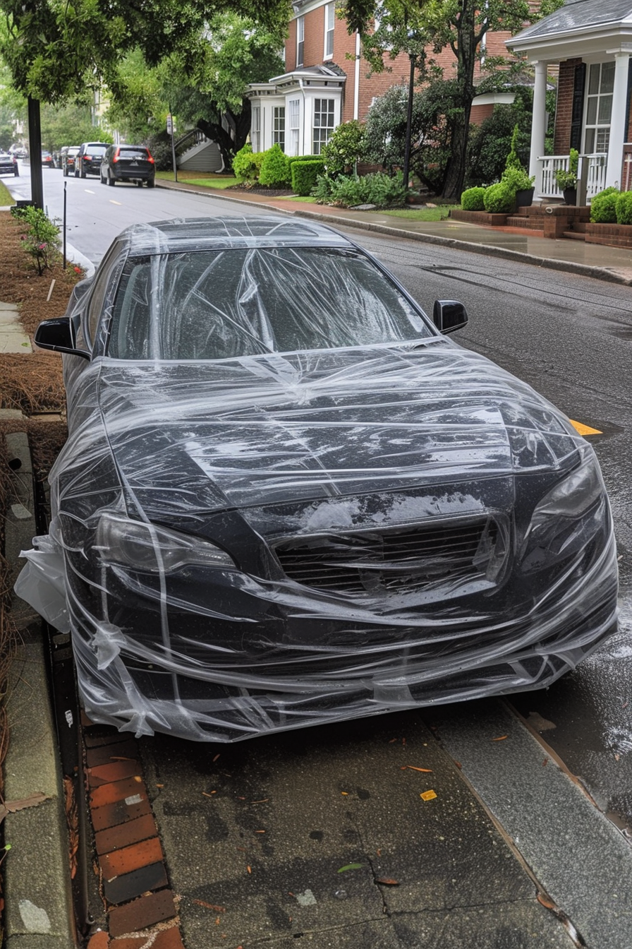 Une voiture enveloppée de ruban plastique se tenant dans un quartier | Source : Midjourney