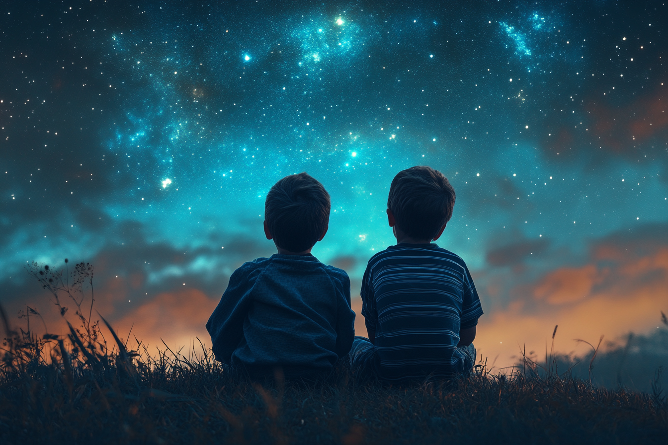 Deux petits garçons assis dans l'herbe et observant le ciel nocturne | Source : Midjourney