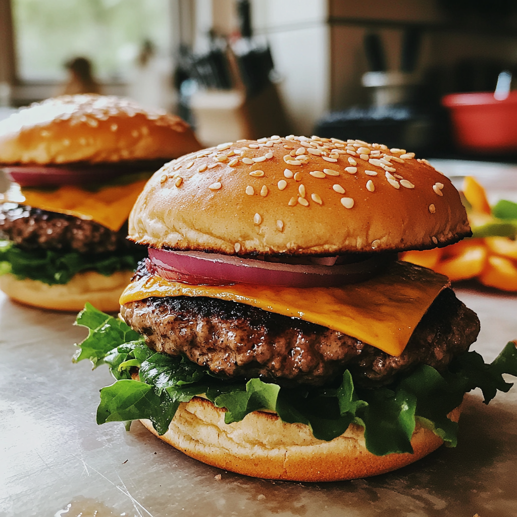 Gros plan sur des hamburgers posés sur une planche en bois | Source : Midjourney