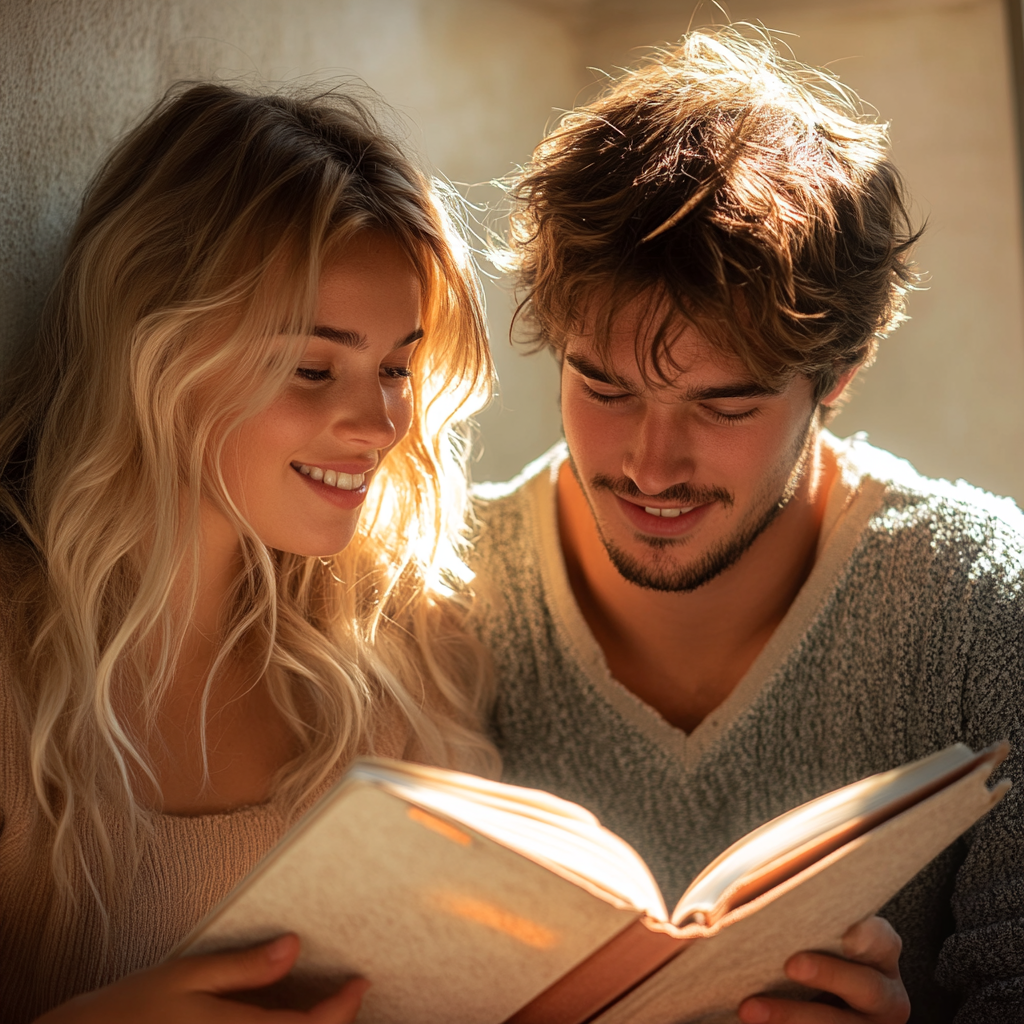 Un couple en train de regarder un carnet | Source : Midjourney