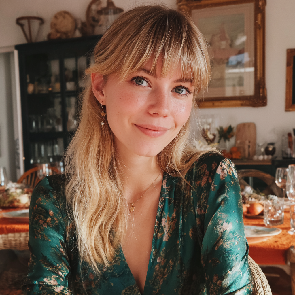 Une femme souriante portant un chemisier vert | Source : Midjourney