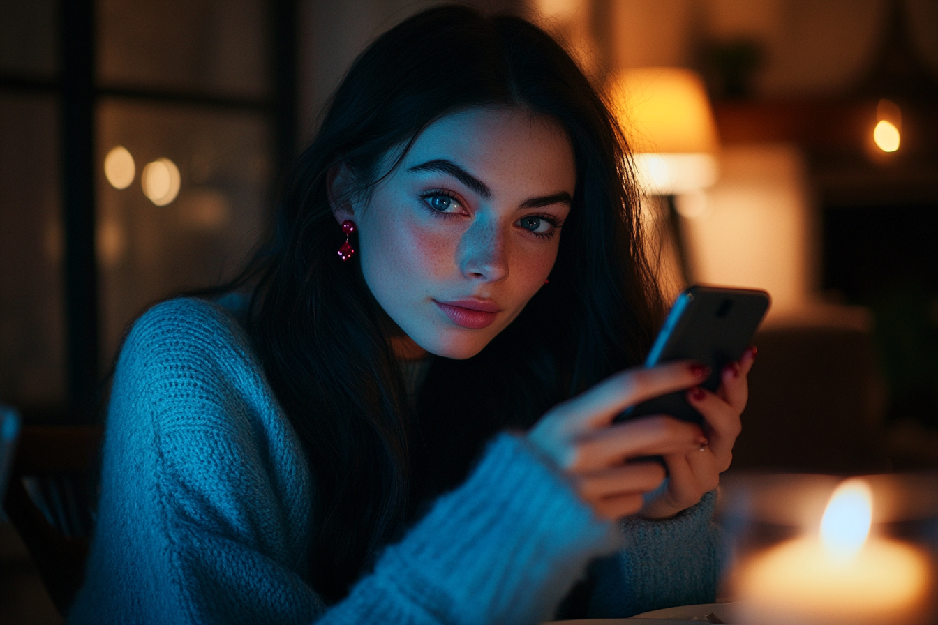 Femme d'une vingtaine d'années brandissant son téléphone à une table de dîner en fronçant légèrement les sourcils | Source : Midjourney