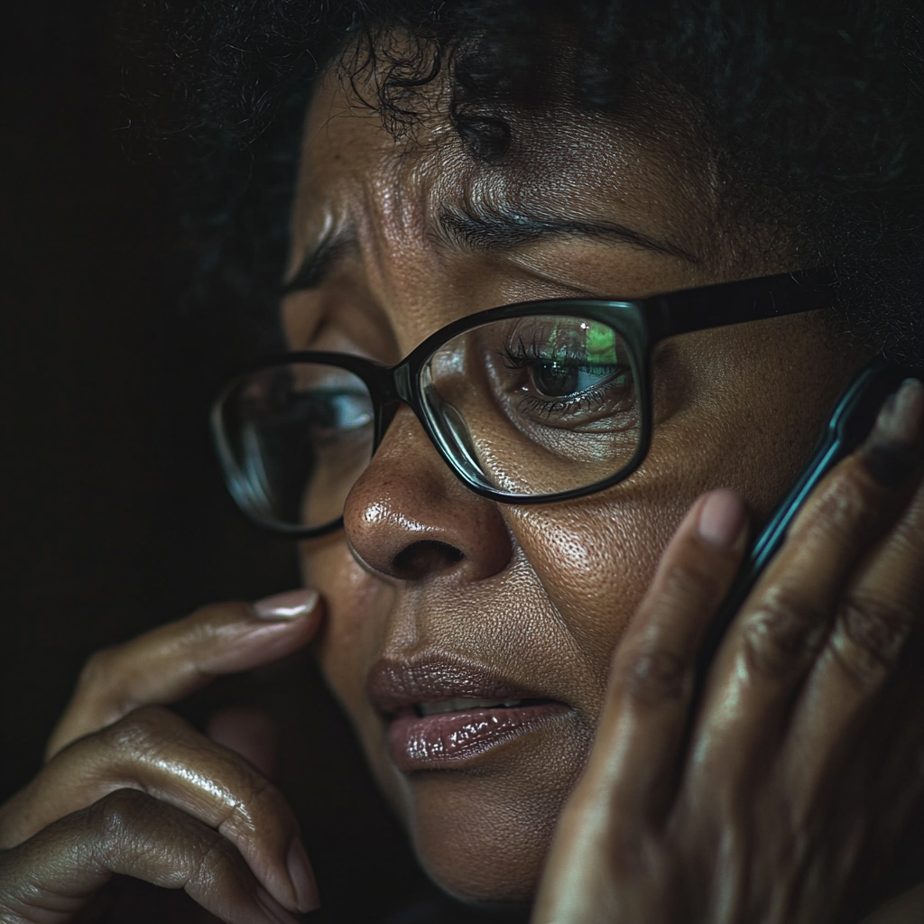 Une femme en pleurs sur son téléphone | Source : Midjourney