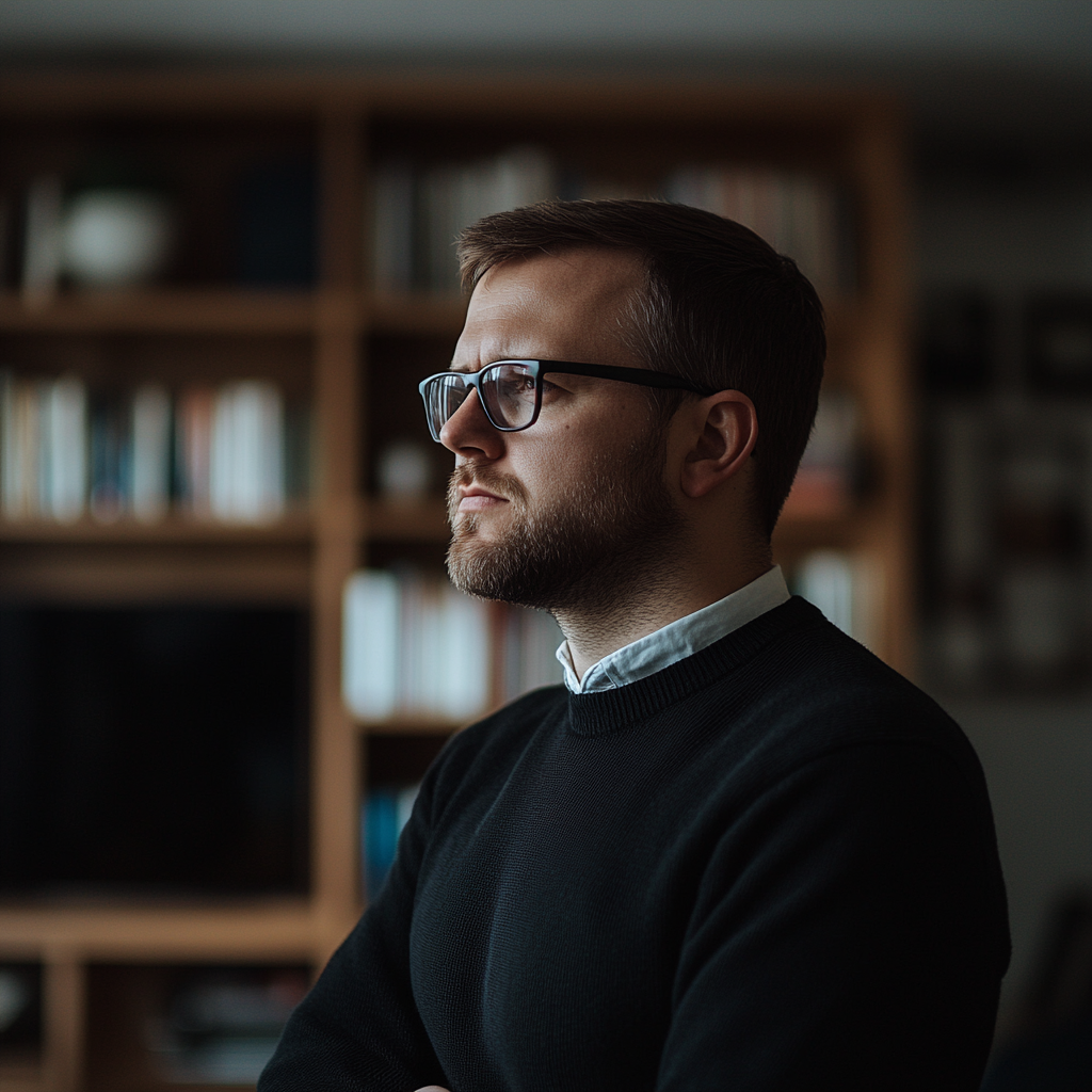 Un homme sérieux dans son salon | Source : Midjourney