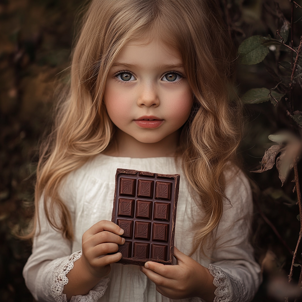 Une petite fille qui montre sa tablette de chocolat | Source : Midjourney