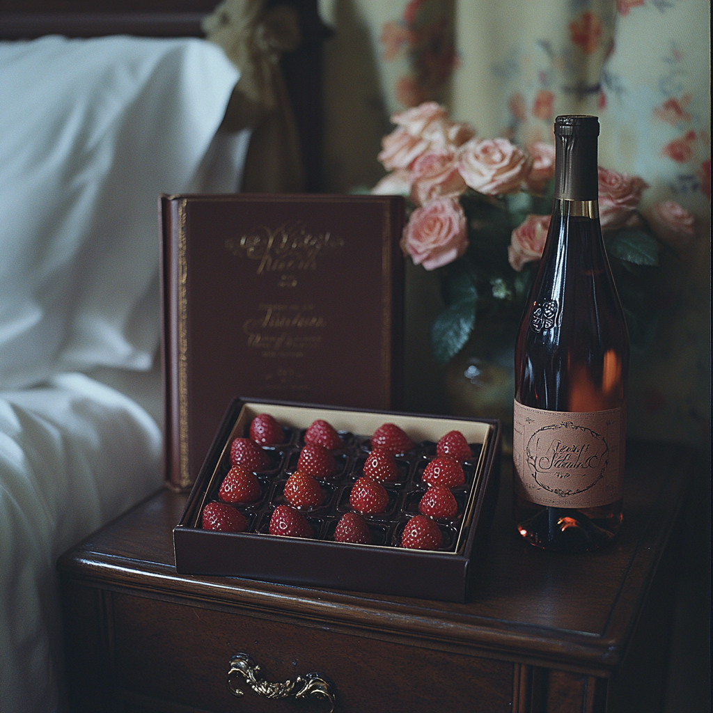 Une Bible, une boîte de fraises et une bouteille de vin sur la table d'appoint d'une chambre à coucher | Source : Midjourney