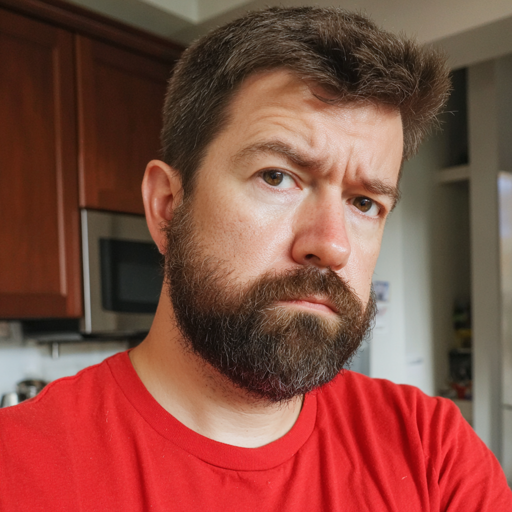 Un homme qui fronce les sourcils debout dans une cuisine | Source : Midjourney