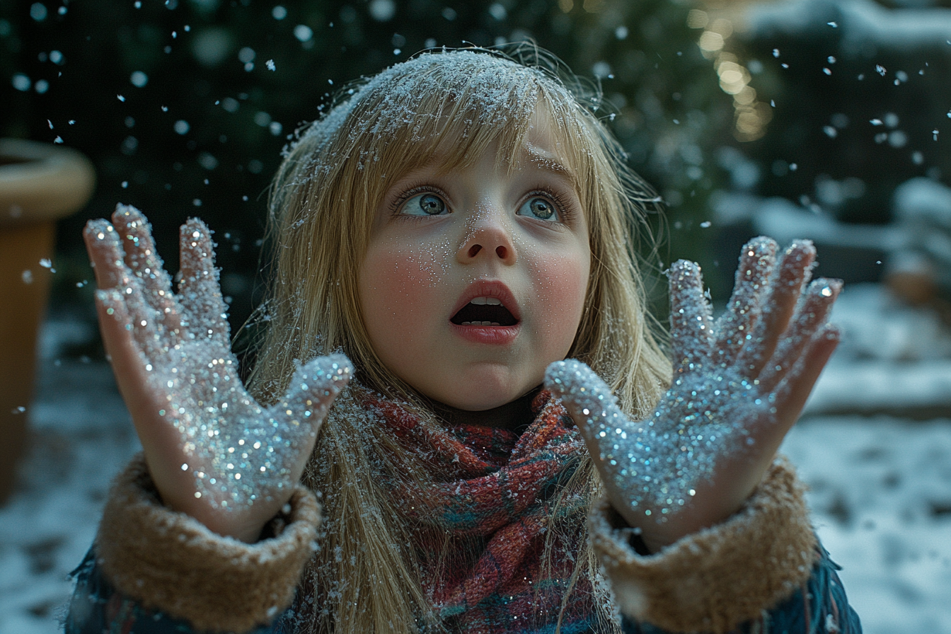 Fille aux mains couvertes de paillettes dans une cour enneigée | Source : Midjourney