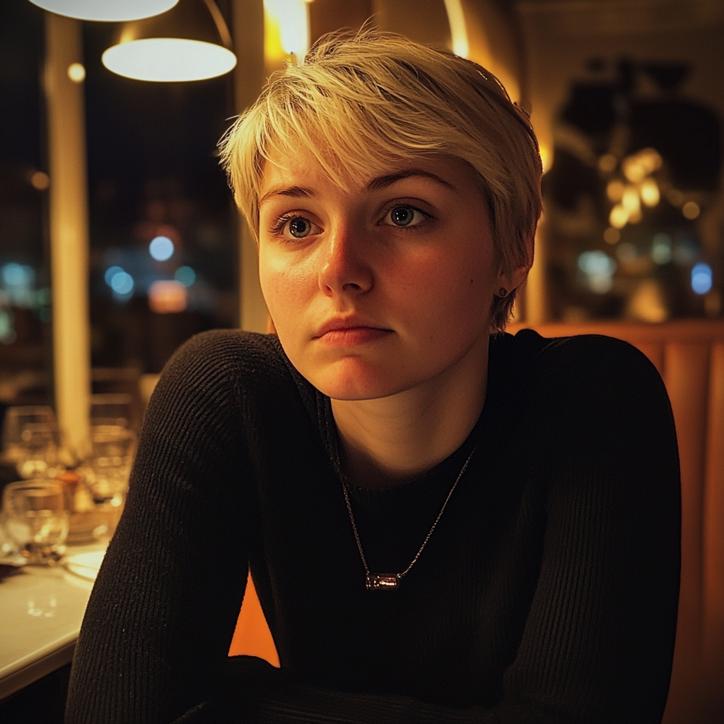 Une femme assise dans un restaurant | Source : Midjourney