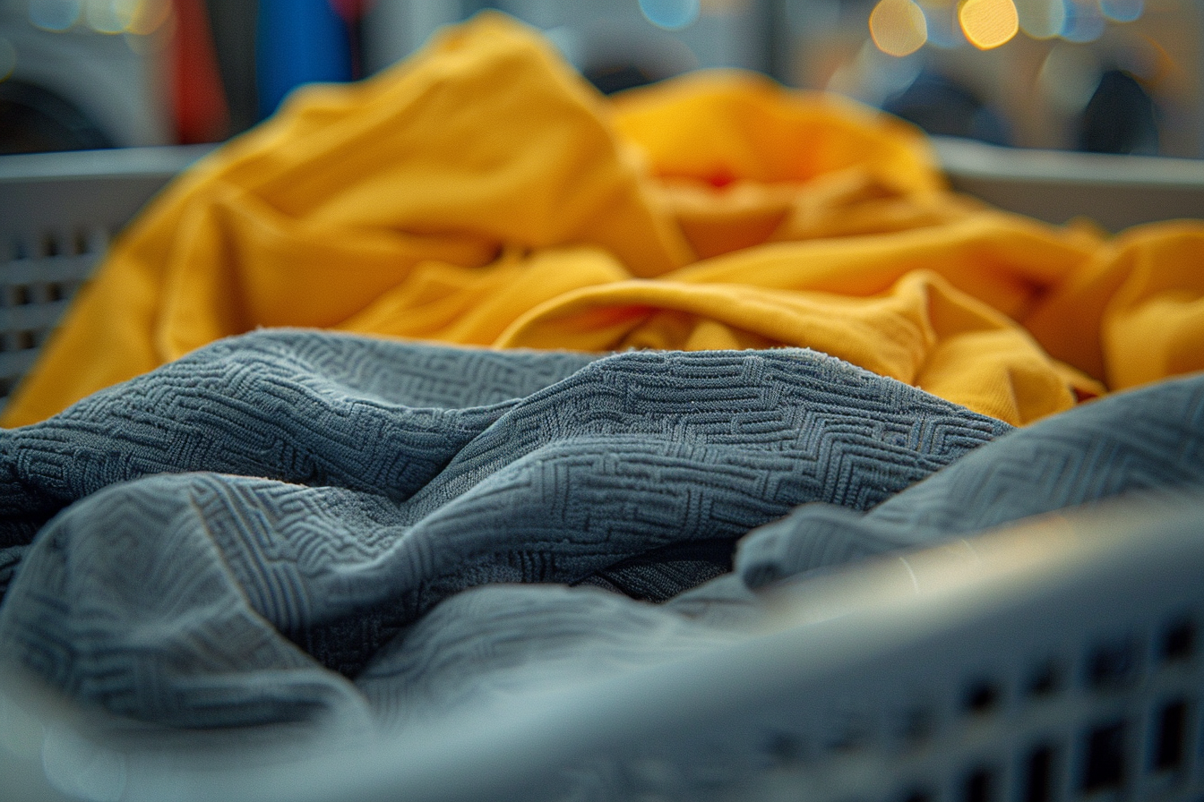 Gros plan sur des t-shirts jaunes et gris dans un panier à linge | Source : Midjourney