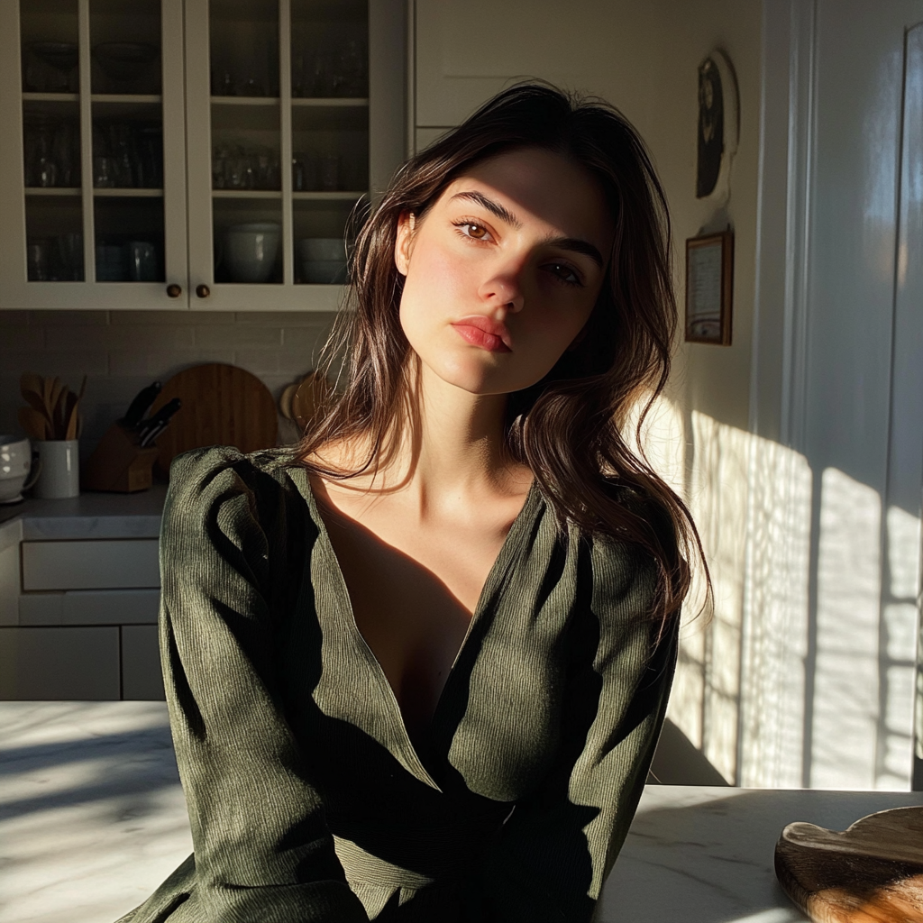Une jeune femme bouleversée debout dans une cuisine | Source : Midjourney
