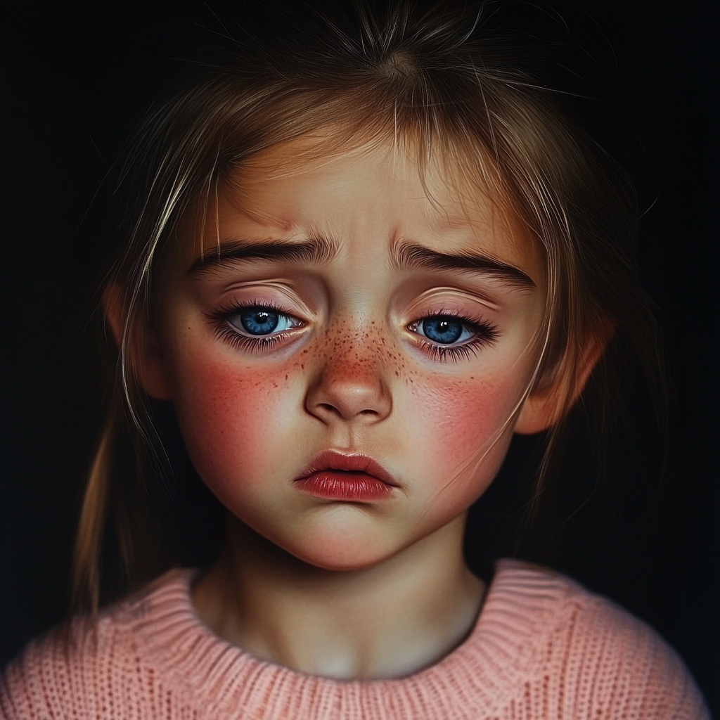 Une petite fille triste aux yeux baissés | Source : Midjourney