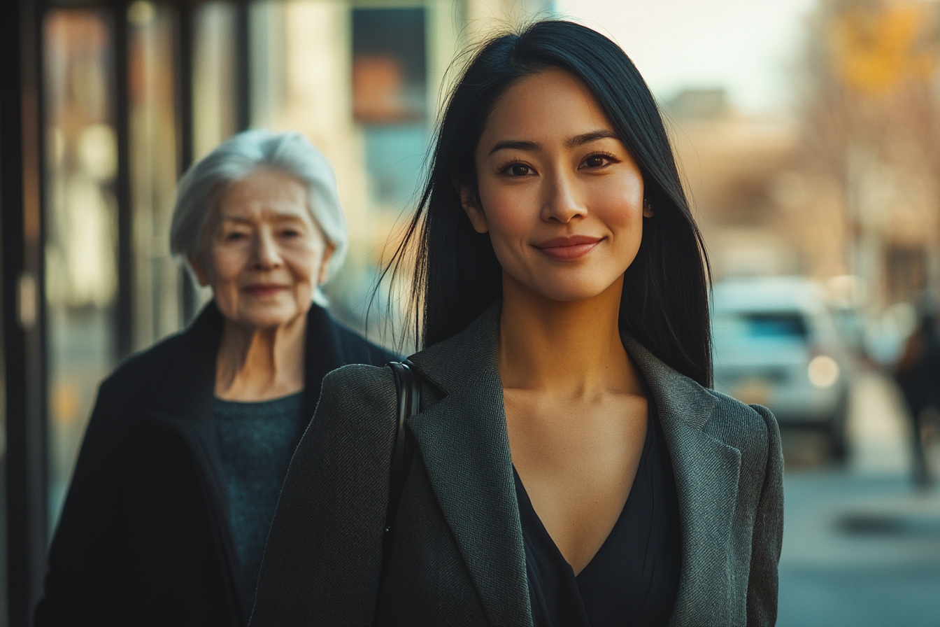 Une femme d'affaires marche joyeusement dans la rue avec sa mère | Source : Midjourney