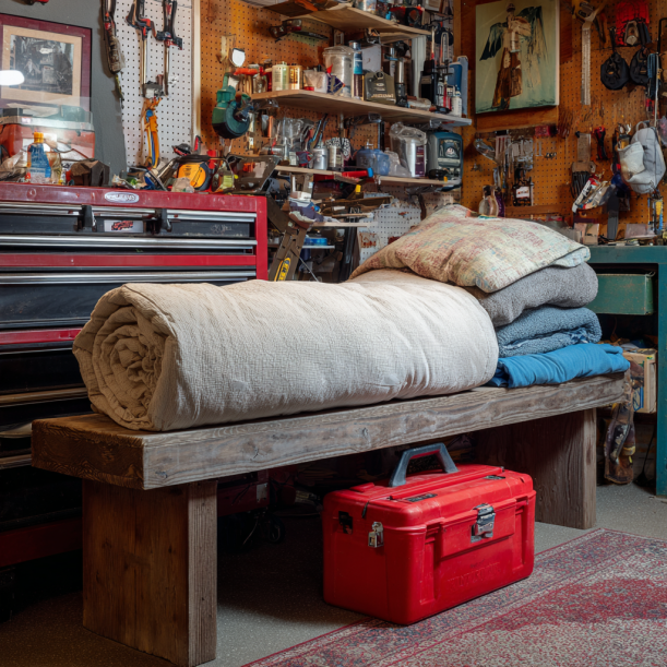 Une couverture, un oreiller, une boîte à outils rouge et un banc dans un garage | Source : Midjourney