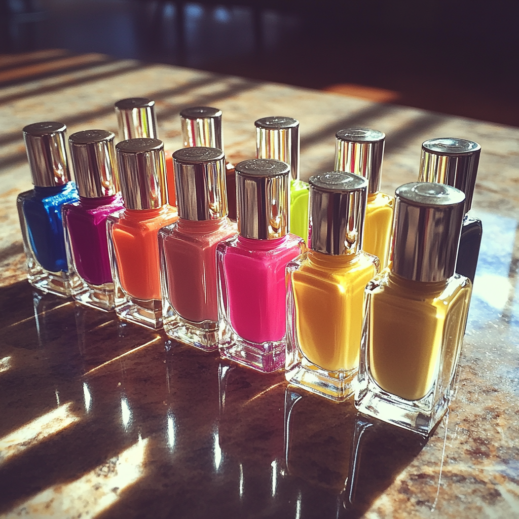 Bouteilles de vernis à ongles sur une table | Source : Midjourney