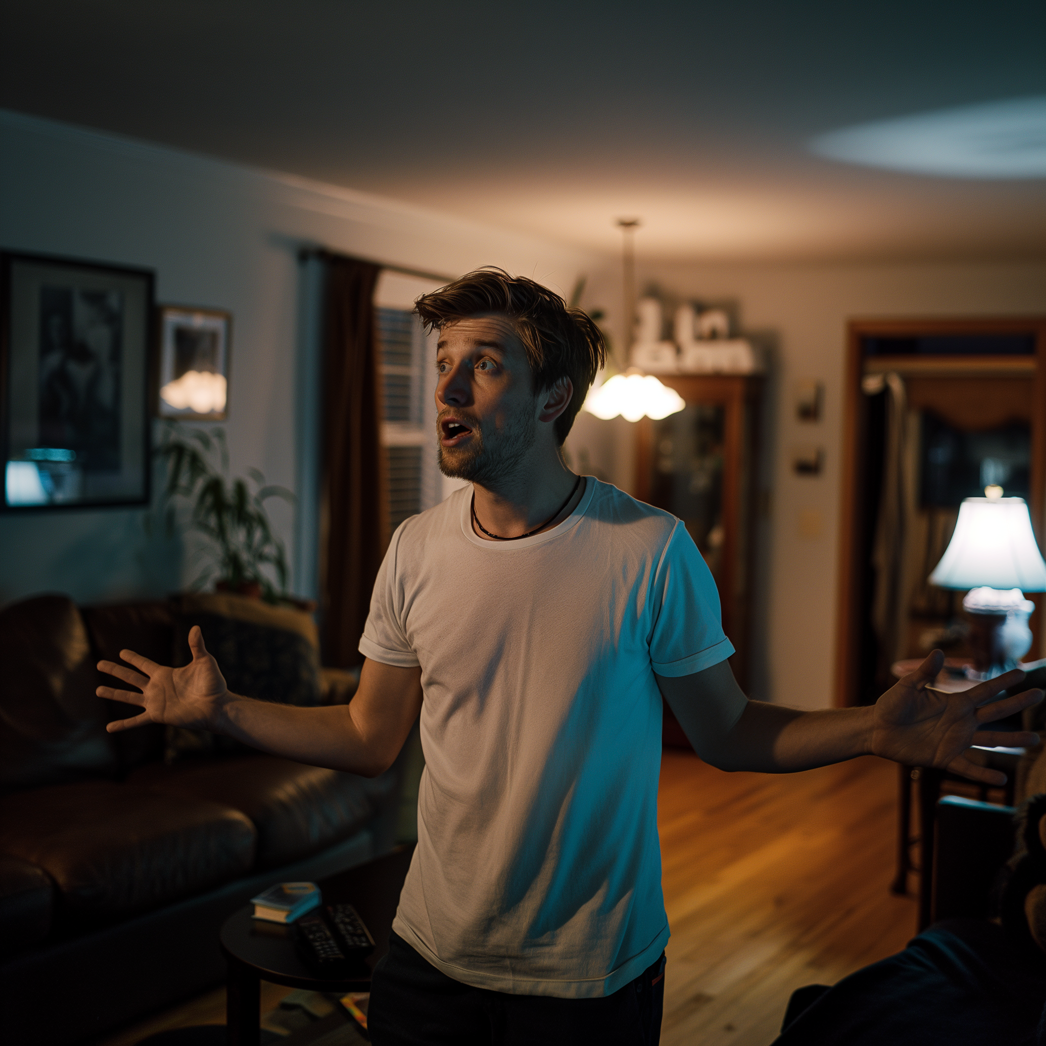 Un homme choqué se tient dans un salon | Source : Midjourney