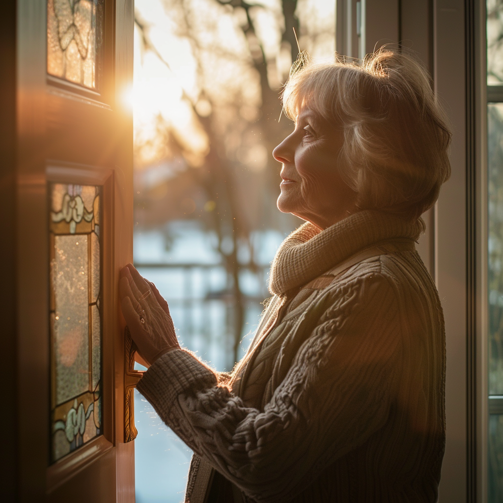 Une femme âgée qui ouvre une porte | Source : Midjourney