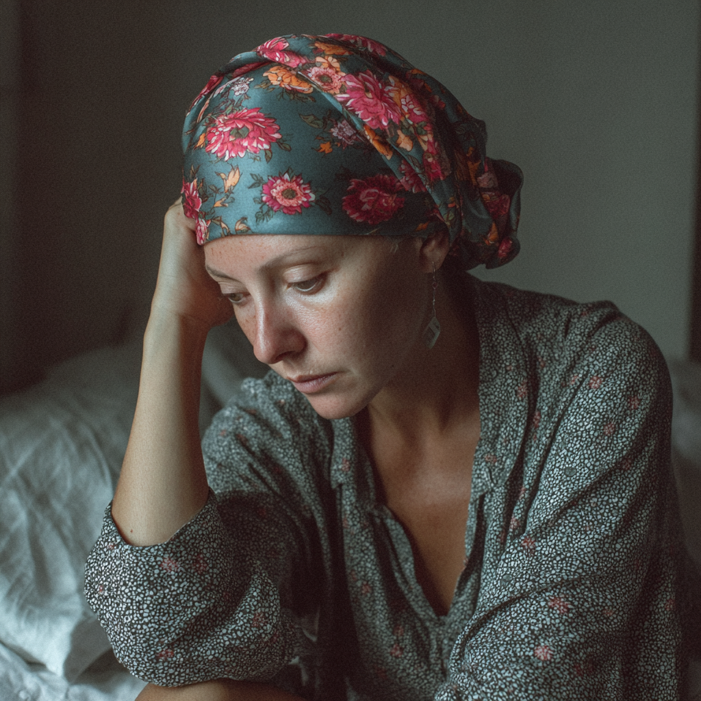 Une femme malade assise dans son lit | Source : Midjourney