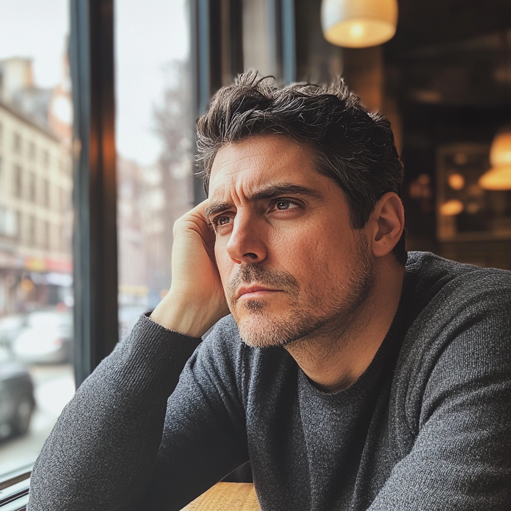 Un homme assis dans un café | Source : Midjourney