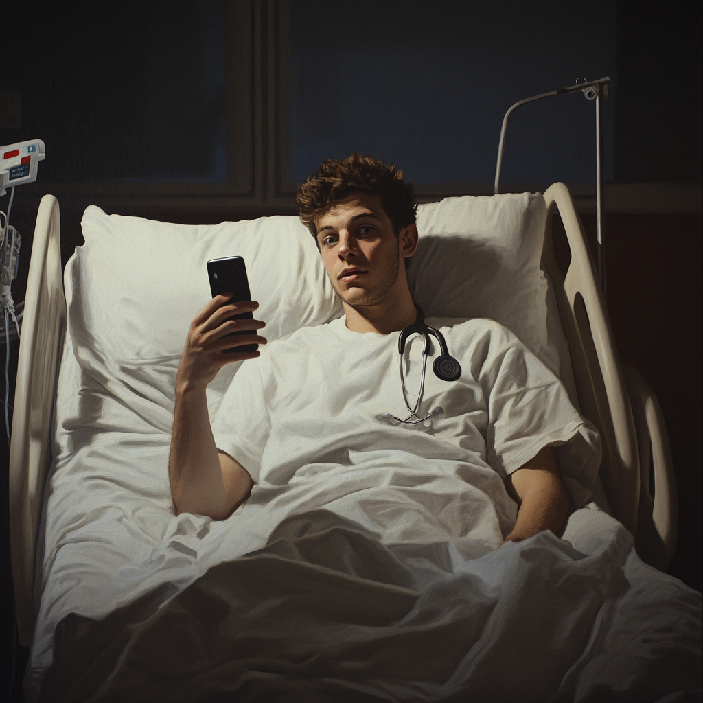 Un homme qui parle sur son téléphone dans un lit d'hôpital | Source : Midjourney