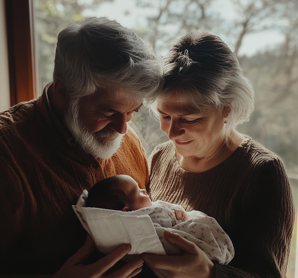 Un couple de personnes âgées tenant dans leurs bras leur petit-enfant | Source : Midjourney