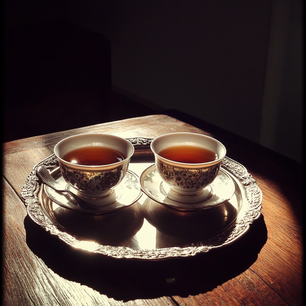 Tasses à thé sur un plateau en argent | Source : Midjourney