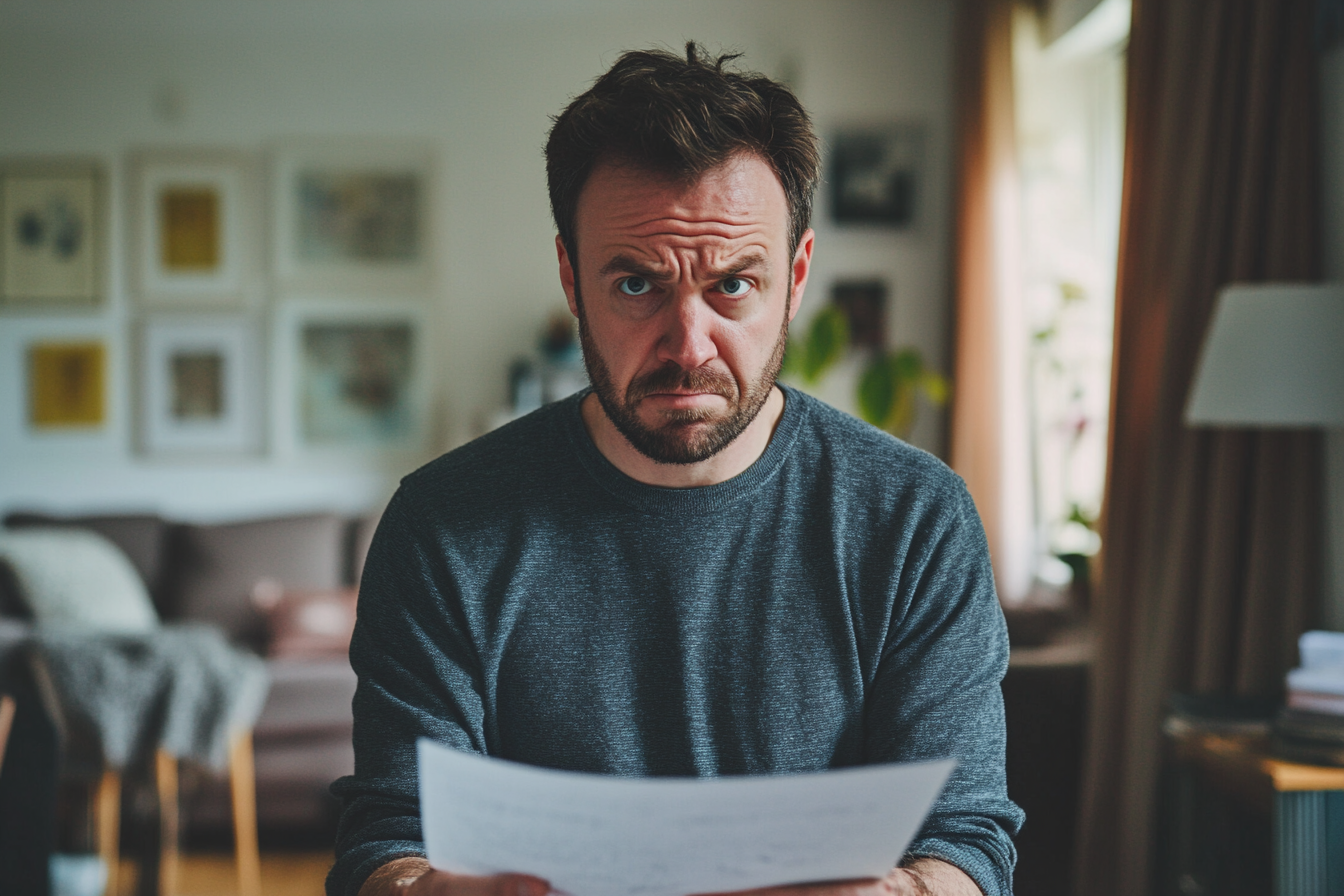 A worried man holding a piece of paper | Source: Midjourney